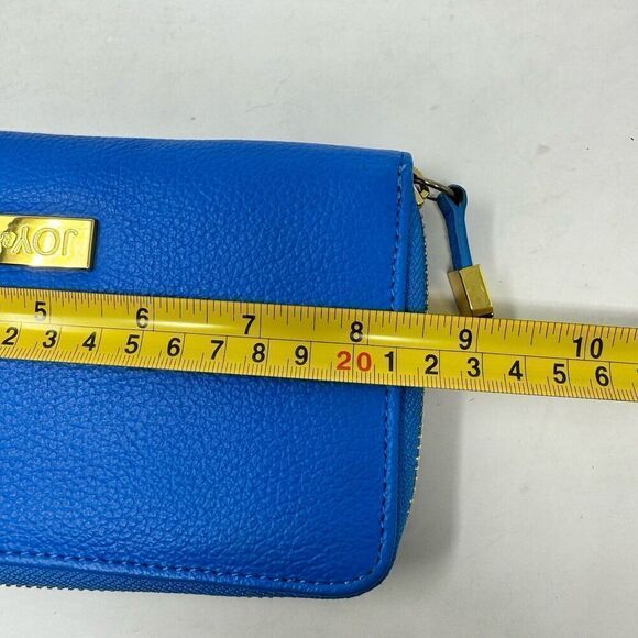 Joy & Iman Tan Leather Zip Card Pockets Sky Blue Clutch Wristlet - Picture 5 of 7